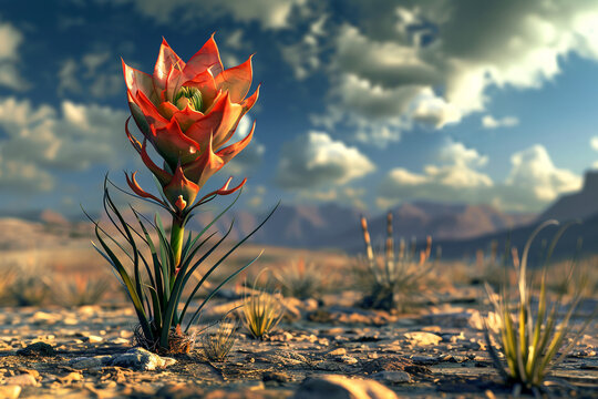 A dragon flower standing tall in a desert landscape, defying the harsh conditions with its vibrant beauty.