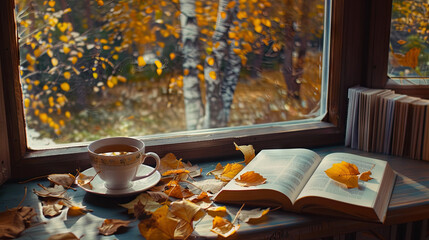 A cup of aromatic tea and a book on the window in the autumn season