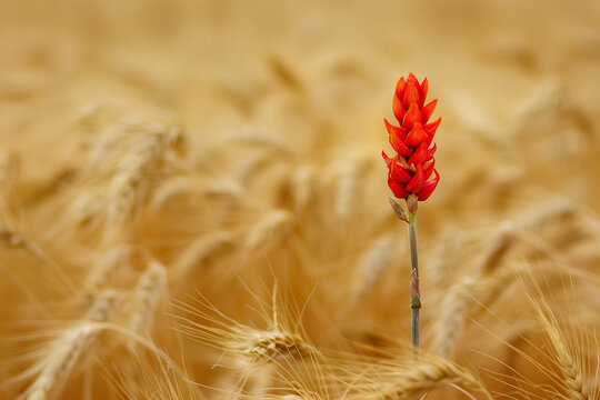 A dragon flower standing tall in a field of wheat, its fiery red petals contrasting with the golden grains.