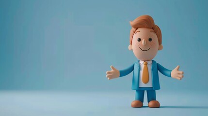 Wall Mural - A cheerful animated character wearing a blue suit and tie, standing with open arms against a plain blue background. 3D Illustration.