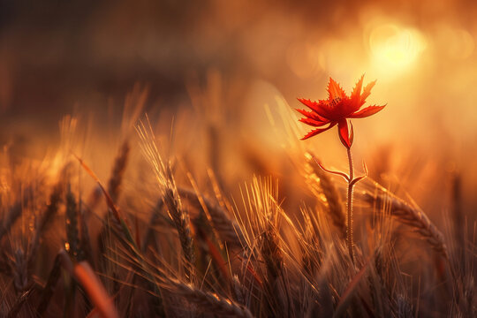 A dragon flower standing tall in a field of wheat, its fiery red petals contrasting with the golden grains.
