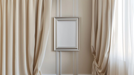 Elegant gallery with ivory satin curtains and a small silver blank frame on the wall.