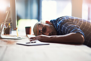 Fototapete - Business man, sleeping and tired by computer for fatigue, overworked or deadline in office. Programmer or developer with depression, burnout or worried for information technology career or startup