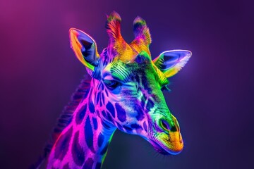 Wall Mural - Pop art depicts the giraffe in neon colors against a black background with watercolor splatters.