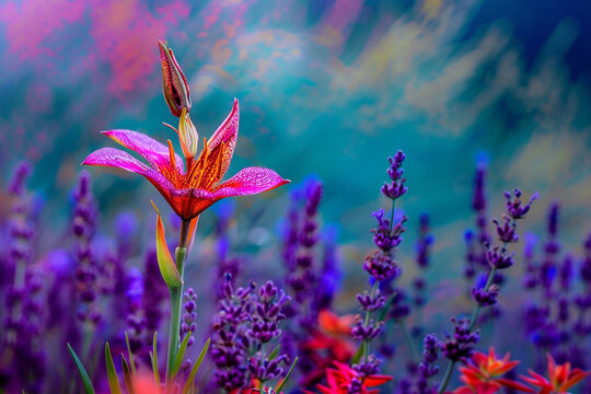 A dragon flower standing tall in a field of lavender, its vibrant purple petals standing out amidst the sea of color.