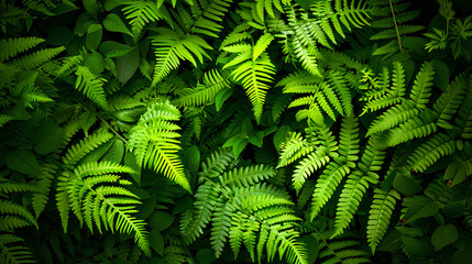 Wall Mural - A lush green forest of ferns and leaves, creating an enchanting background texture for naturethemed designs. 