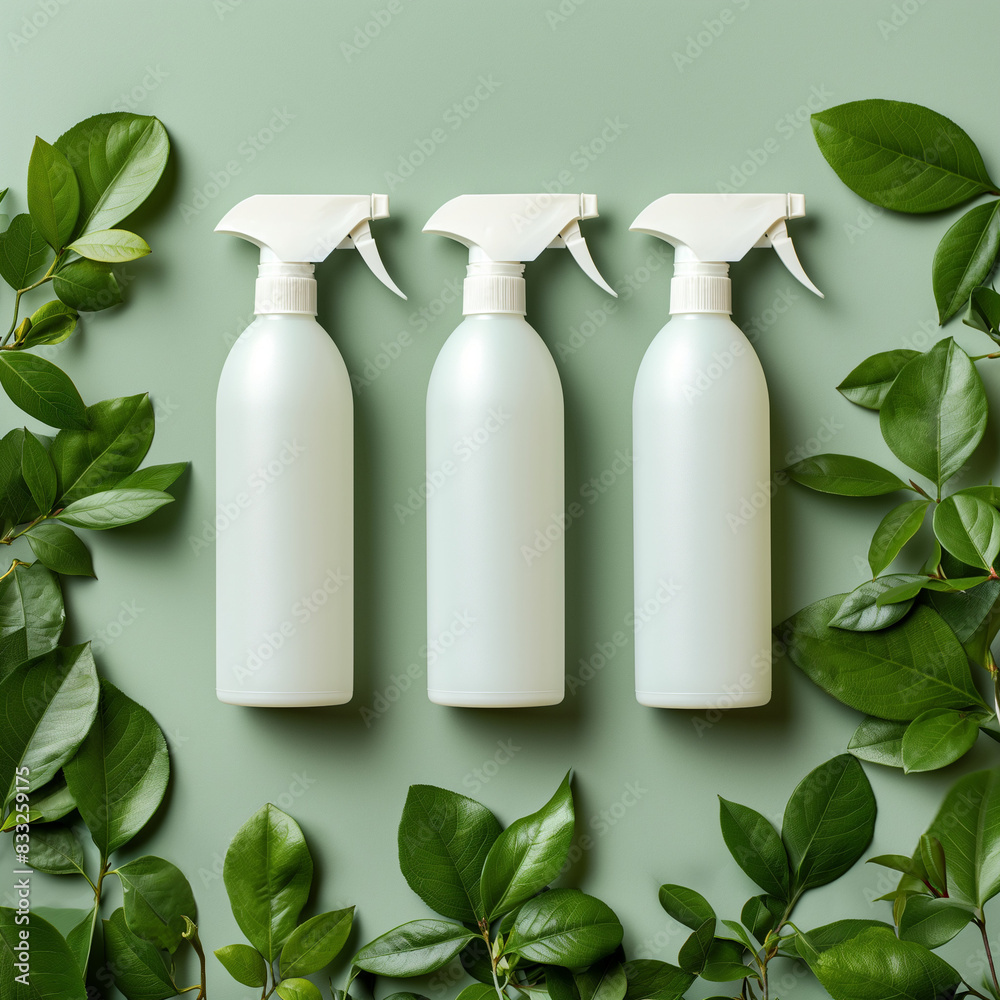 Three white plastic spray bottles with white caps rest on a vibrant ...