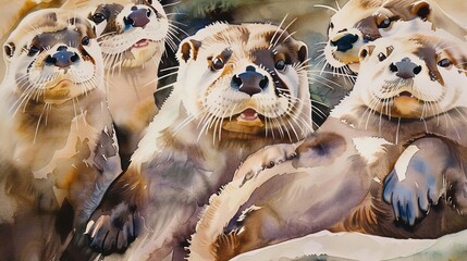 Whimsical watercolor painting of a playful otter family with distinctive whiskers, round ears, and webbed paws, captured with prime lens and natural light