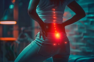 Woman with back pain shown by red light. Stylish and modern photo showing physical discomfort. Ideal for health and wellness concepts. Medical and ergonomic lifestyle imagery. Generative AI
