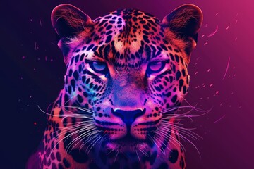 Wall Mural - This CG artwork depicts Jaguar in neon colors against a black backdrop with watercolor splatters.