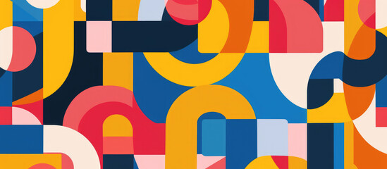 Wall Mural - Abstract background with colorful Bauhaus style shapes and vibrant minimalist patterns in blue, yellow, red, orange, pink and white