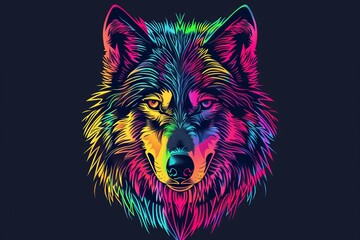 Sticker - Pop art depiction of a wolf's head in bright colors against a dark blue background.