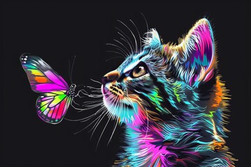 Wall Mural - Digital images of kitten playing with butterfly in neon colors against dark blue background.
