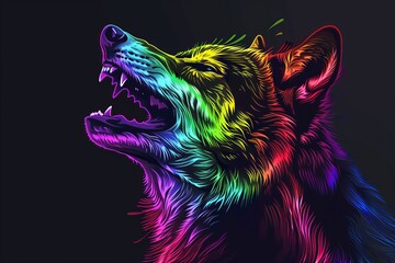 Naklejka na meble In this pop art illustration, the wolf appears against a black background with vibrant neon colors and splatters of watercolor.