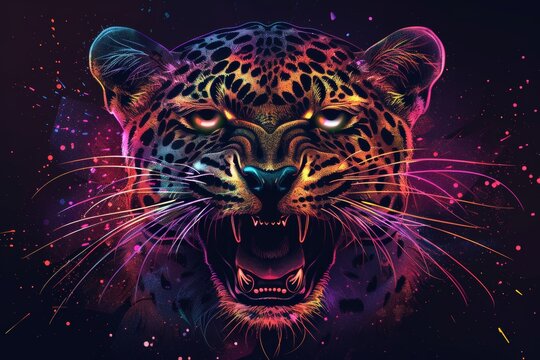 An angry leopard is depicted in neon colors against a black background in a pop art style with splatters of watercolor. This is a computer-generated artwork.