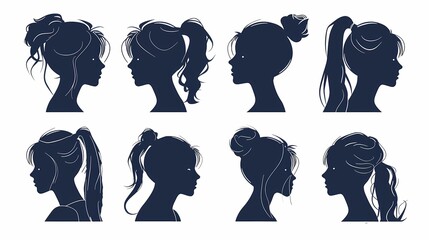 Wall Mural - set of illustrations of silhouettes of women's heads from the side