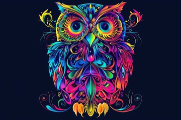 Wall Mural - An abstract and colorful portrait of an owl done in the style of pop art, superimposed on a black backdrop.