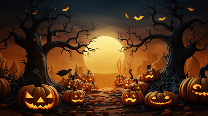 Wall Mural - Illustration of Halloween holiday. Orange pumpkins, different scary decorations