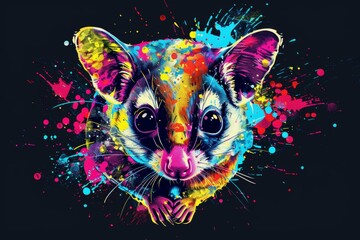 Sticker - Computer-generated photos with pop art style splashes of watercolor and an abstract, neon, color picture of Sugar Glider.