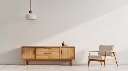 A simple sideboard with wooden doors and three drawers stands against the background of an empty white wall, there is also a beige armchair next to it. A lamp hangs in one corner. There's nothing