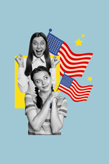 Poster - Creative abstract template collage of two funny girls wave flags celebrating 4th july usa independence day fantasy billboard zine minimal