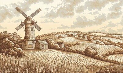 rural landscape with a windmill. farm and wheat field with harvest. autumn nature. vintage engraving style illustration for banner poster background design