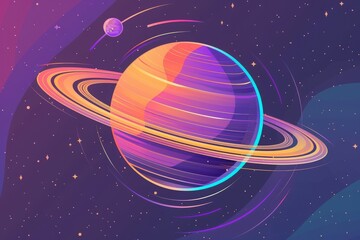 Wall Mural - Vibrant digital illustration of a colorful planet with rings in outer space, surrounded by stars and a small moon, set against a cosmic background.