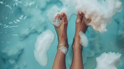 Wall Mural - A woman's feet are in a bathtub filled with bubbles