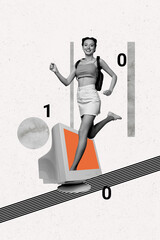 Canvas Print - Vertical collage image young cheerful woman walk go step run computer screen monitor user remote work hurry surreal concept