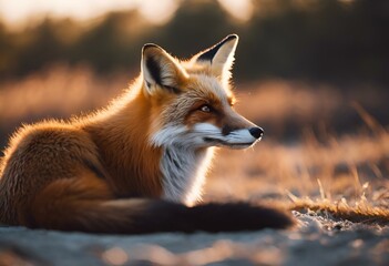 Poster - AI generated illustration of a brown-furred fox seated in the earth