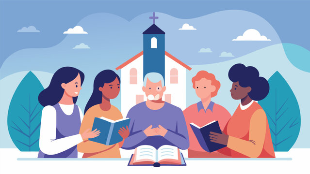 The book club discussion at the church is a safe space for members to share their personal struggles and find comfort in the spiritual guidance. Vector illustration