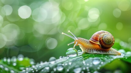 A pretty snail perches on a damp leaf following a rainfall