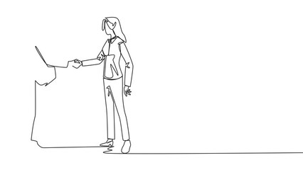 Poster - Animated self drawing of single one line drawing two businesswomen shaking hands. One of them has two faces. Full of falsehood. Fake friend. Business betrayal. Full length single line animation