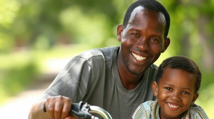 Wall Mural - The picture of the father and son is learning to riding the bicycle together under sunlight surrounded with nature, riding bicycle require skill like balance, safety awareness and persistence. AIG43.