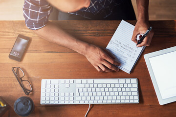 Fototapete - Above, businessman and keyboard with tablet, writing or communication in modern office for web design. Male person, workplace and mockup space with screen, tech as professional in company or business