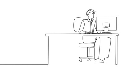 Poster - Animated self drawing of continuous line drawing businessman typing at computer desk. Trapped by business partner. A bomb that could explode. Betrayed by a colleague. Full length single line animation