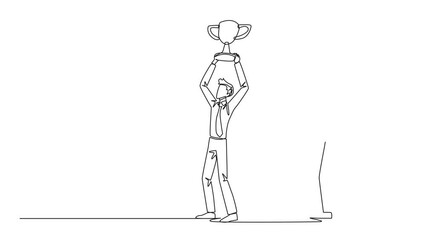 Poster - Self drawing animation of continuous one line drawing businessman standing lifting trophy. Business friends prepare to stab in the back. Unhealthy business competition. Full length animated