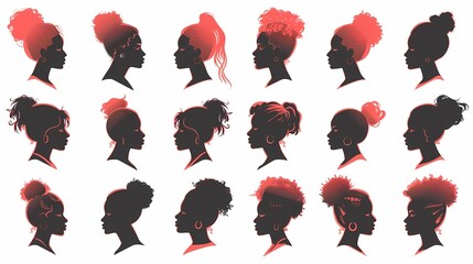 Wall Mural - set of illustrations of silhouettes of women's heads from the side