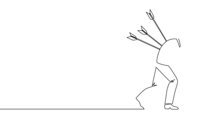 Poster - Animated self drawing of continuous one line drawing businessman standing and several arrows stuck in the back. Attacked from behind. Destroyed and helpless. Traitor. Full length single line animation