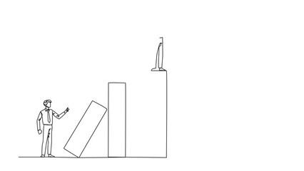 Poster - Animation of continuous one line drawing businessman standing on the bar lifting money bag. Fake partner. The envy friend. Sabotage happiness. The traitor. Single line draw design vector illustration