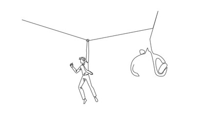 Poster - Self drawing animation of continuous one line drawing businessman walking across on tightrope. A metaphor pursuing a career. Ruined by traitors. Fake friend. Business sabotaged. Full length animated