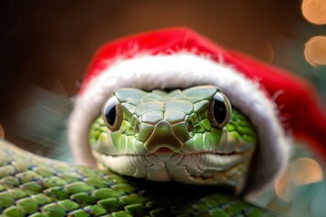 A green snake in a Santa Claus hat in close-up.