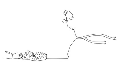 Poster - Animation of single one line drawing businessman running with trophy. A dangerous business trap. A trap that really brings down a business. Fake friend. Traitor. Rival. Full length motion
