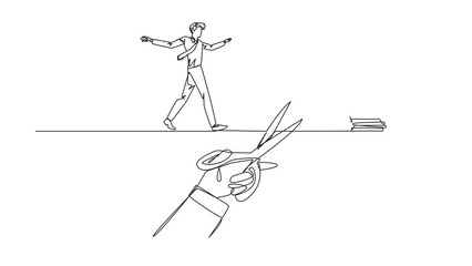 Poster - Animated self drawing of continuous one line drawing businessman walking on tightrope from one cliff to another. Failed to move to much better place. Cheated. Full length single line animation