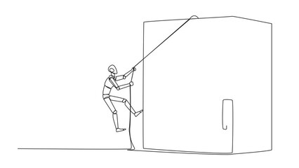 Wall Mural - Animated self drawing of continuous one line drawing smart robot climbs safe deposit box with the rope. Helps secure important company data. Stored in a safe. Full length single line animation