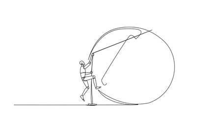 Poster - animation of single one line drawing smart robot climbing money bag with the rope. work harder to ge