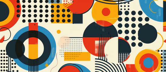 Wall Mural - Abstract Bauhaus style background with colorful shapes and patterns with circles, dots and shapes in blue, red, yellow and orange on a white background