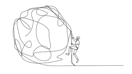 Poster - Self drawing animation of continuous one line drawing smart robot climbs heavy mess circle with rope. Trying to lay anxiety at the feet. For clarity of thought. Smart work hard. Full length animated