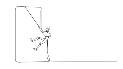 Poster - Animation of single one line drawing smart robot climbing smartphone with rope. Improve business relationships. Massively contact old friends. Connected to each other. Full length motion