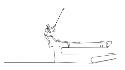 Poster - Self drawing animation of single continuous line drawing smart robot climbing a pile of books with a rope. Try hard to gain new knowledge for the smooth running of the business. Full length animated